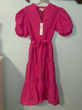 Pinch Hot Pink Puff-Sleeve Midi Dress with Waist Tie